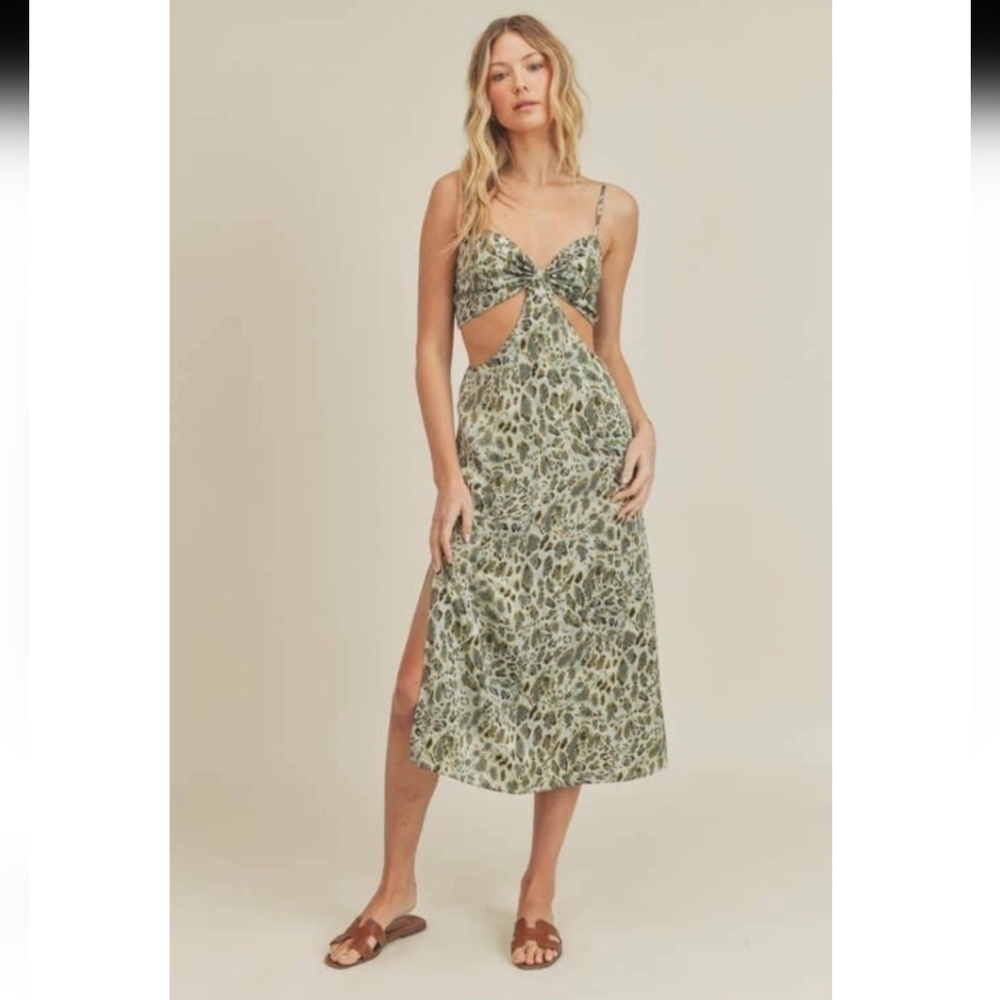 LUSH Mindy Dress Midi Dress With Side Cutouts Size Medium In Mint Leaopard